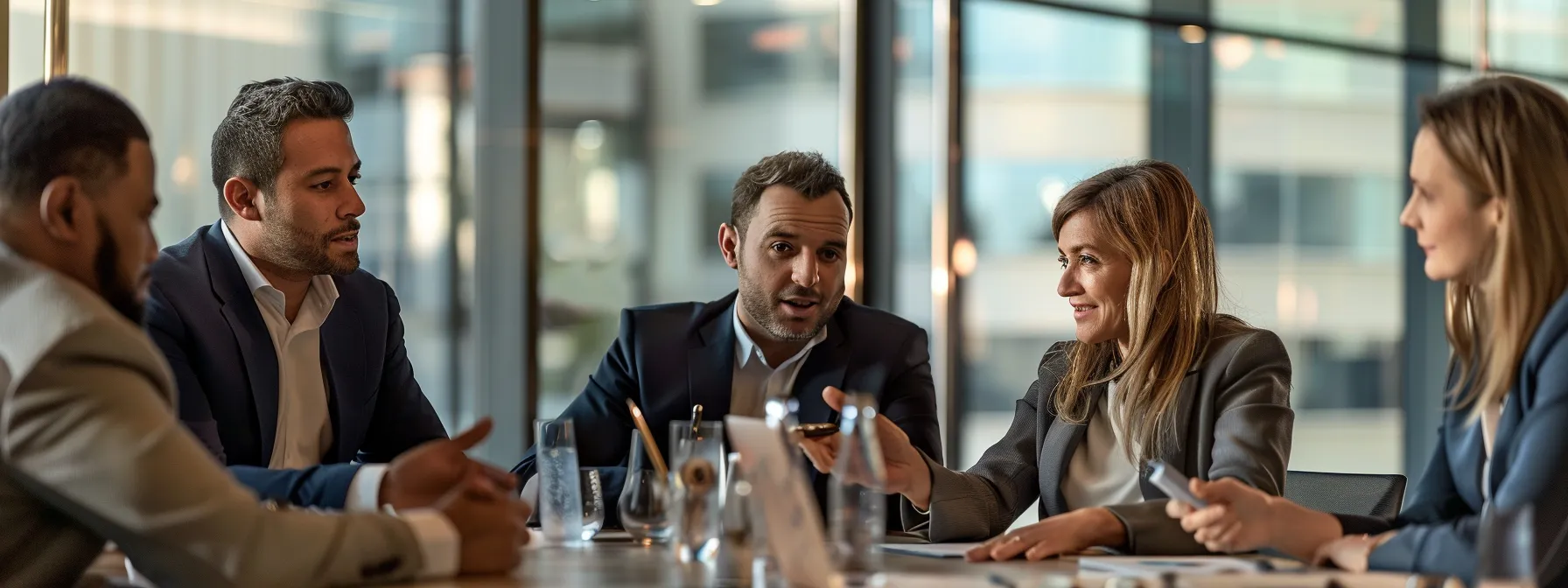 a group of business professionals gathers around a table, engaged in a focused discussion on plumbing repair benefits.